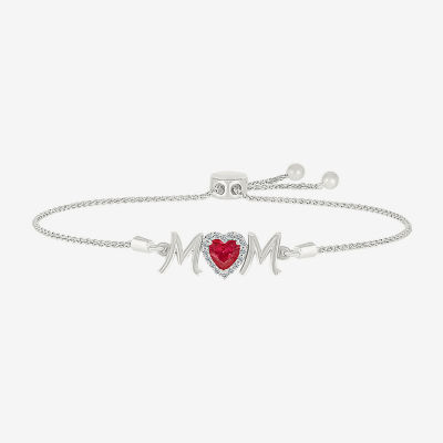 Mom Lab Created Red Ruby Sterling Silver Heart Bolo Bracelet