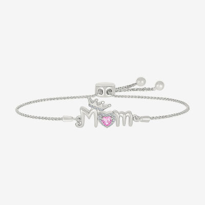 Mom Diamond Accent Lab Created Pink Sapphire Sterling Silver Crown Heart Bolo Bracelet