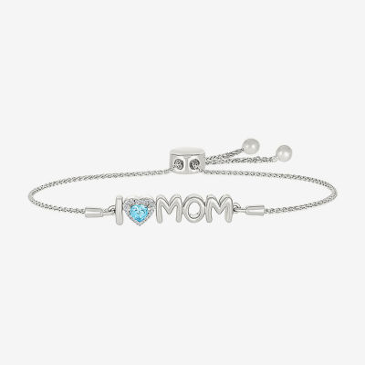 I Love Mom Diamond Accent Genuine Blue Topaz Sterling Silver Heart Bolo Bracelet