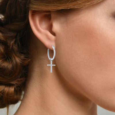 Diamond Addiction (G-H / Si2-I1) 1/10 CT. T.W. Lab Grown White Diamond Sterling Silver or 14K Gold Over Silver 34mm Cross Hoop Earrings