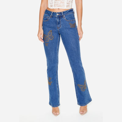 Embroidered Denim Mid Rise Flared Jeans