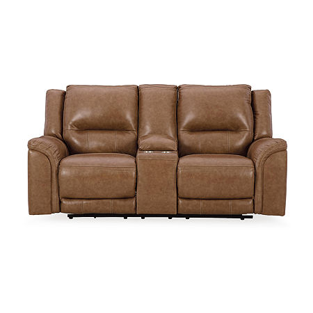 Signature Design By Ashley Trasimeno Dual Power Leather Reclining Loveseat With Console, One Size, Brown