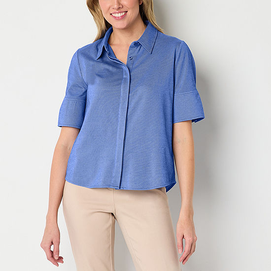 Liz Claiborne Womens Elbow Sleeve Regular Fit Button-Down Shirt