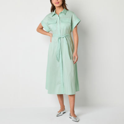 Worthington Womens Short Sleeve Shirt Dress, Color Seattle Green