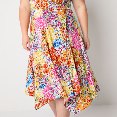 Perceptions Plus Short Sleeve Floral Midi Fit + Flare Dress