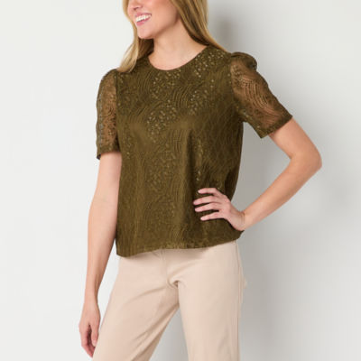 Liz Claiborne Womens Crew Neck Short Sleeve Lace Blouse