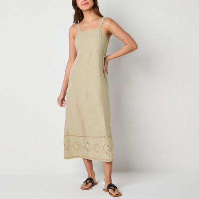 a.n.a Linen Sleeveless Embroidered Midi A-Line Dress