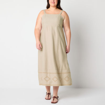 a.n.a Linen Sleeveless Embroidered Midi A-Line Dress Plus