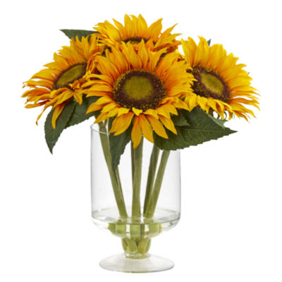 12” Sunflower Artificial Arrangement in Glass Vase
