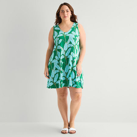 St. John's Bay Womens Plus Sleeveless Floral A-line Dress In Blue