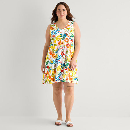 St. John's Bay Womens Plus Sleeveless Floral A-line Dress In White