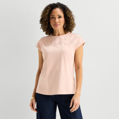 Liz Claiborne Womens Crew Neck Short Sleeve Embroidered Blouse