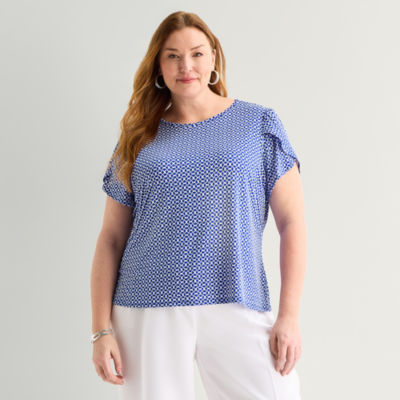 Liz Claiborne Womens Plus Crew Neck Short Sleeve Blouse