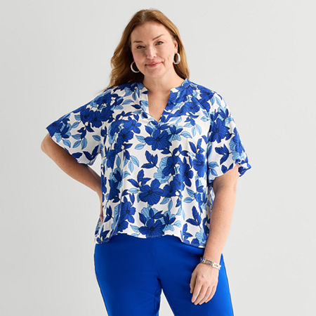 Liz Claiborne Womens Plus V Neck Short Sleeve Satin Blouse