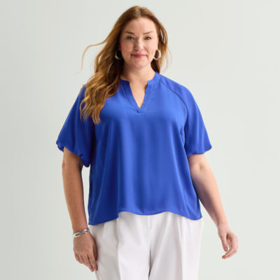 Liz Claiborne Womens Plus V Neck Short Sleeve Satin Blouse