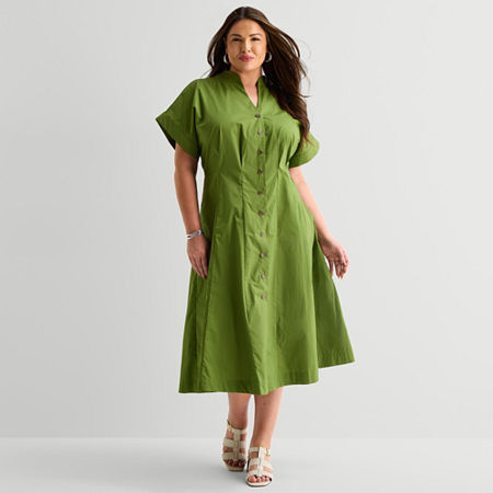 Liz Claiborne Womens Plus Midi V Neck Short Sleeve A-Line Dress