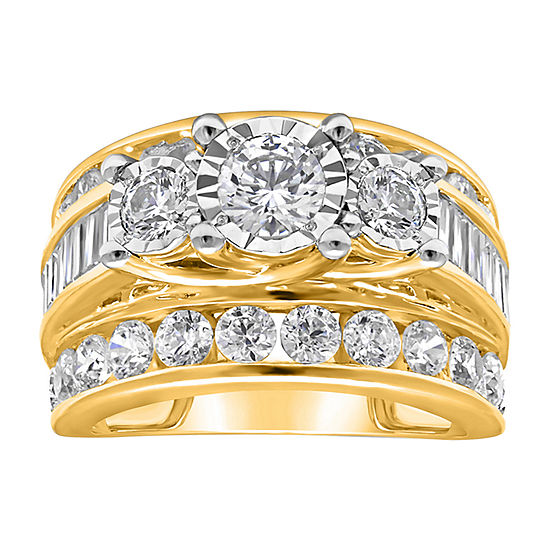 Womens 4 CT. T.W. Genuine White Diamond 10K Gold Round Side Stone 3-Stone Engagement Ring