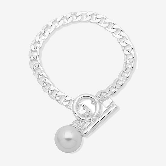 Worthington Silver Tone Simulated Pearl Link Chain Bracelet
