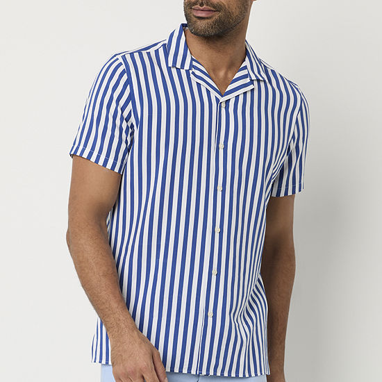 J. Ferrar Slim Mens Short Sleeve Camp Shirt, Color: Navy Stripe - JCPenney