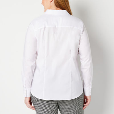 Liz Claiborne Womens Plus Long Sleeve Regular Fit Stretch Fabric Wrinkle Free Poplin Button-Down Shirt