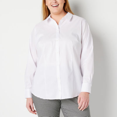 Liz Claiborne Womens Plus Long Sleeve Regular Fit Stretch Fabric Wrinkle Free Poplin Button-Down Shirt