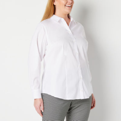Liz Claiborne Womens Plus Long Sleeve Regular Fit Stretch Fabric Wrinkle Free Poplin Button-Down Shirt