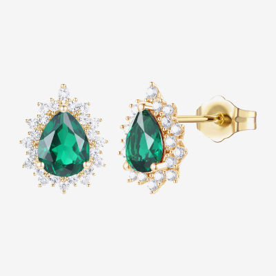 Lab Created Green Emerald 14K Gold Over Silver Sterling Silver 9mm Pear Stud Earrings