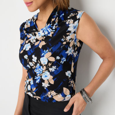 Black Label by Evan-Picone Floral Womens Cowl Neck Sleeveless Blouse