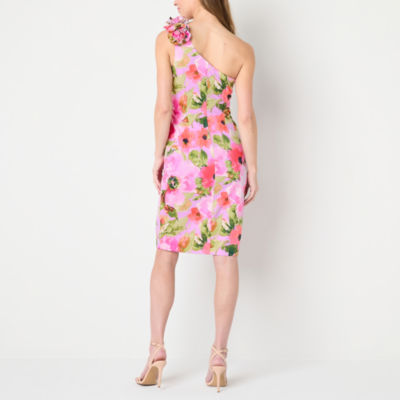 Jessica Howard Womens One Shoulder Sleeveless Applique Floral Sheath Dress