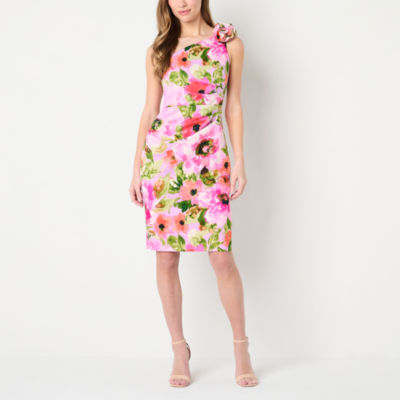 Jessica Howard Womens One Shoulder Sleeveless Applique Floral Sheath Dress