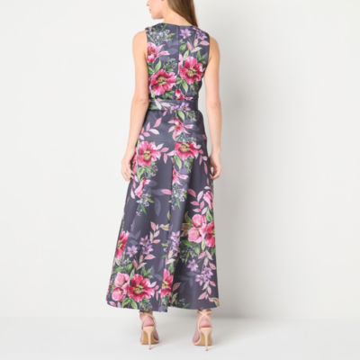 Melonie T Womens Belted Sleeveless Floral Evening Gown