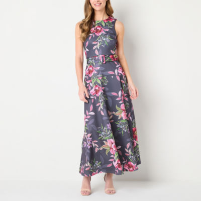 Melonie T Womens Belted Sleeveless Floral Evening Gown