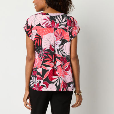 Liz Claiborne Womens Split Tie Neck Short Sleeve Satin Blouse