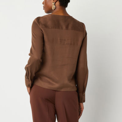 Worthington Womens Split Tie Neck Long Sleeve Blouse