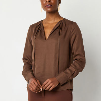 Worthington Womens Split Tie Neck Long Sleeve Blouse