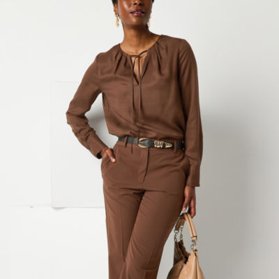 Worthington Womens Split Tie Neck Long Sleeve Blouse