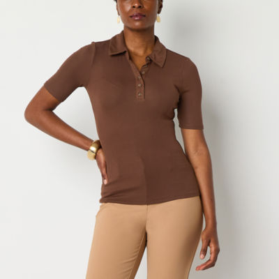 Worthington Womens Y Neck Short Sleeve Polo Shirt