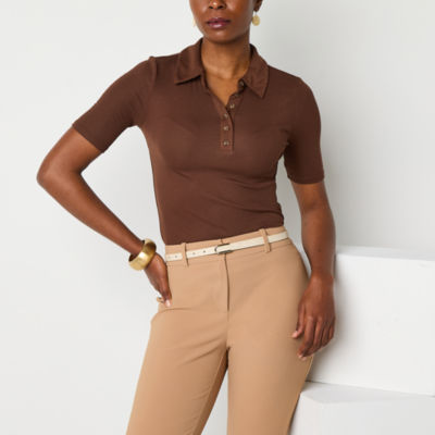 Worthington Womens Y Neck Short Sleeve Polo Shirt