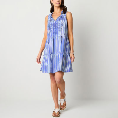 St. John's Bay Womens Sleeveless Embroidered Striped A-Line Dress