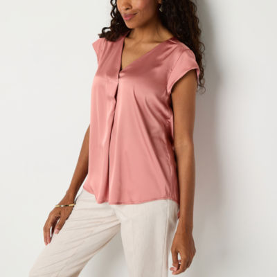 Liz Claiborne Womens V Neck Short Sleeve Satin Blouse