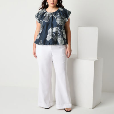 Worthington Plus Womens Round Neck Short Sleeve Blouse