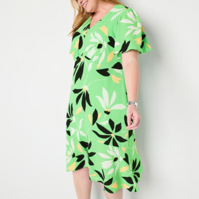Liz Claiborne Womens Plus Short Sleeve Midi Floral A-Line Dress