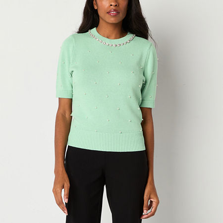 Liz Claiborne Womens Crew Neck Embellished Short Sleeve Pullover Sweater, Xx-large, Green