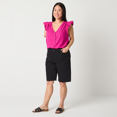 St. John's Bay Womens Mid Rise Adaptive Easy-on + Easy-off Bermuda Short, 16, Black