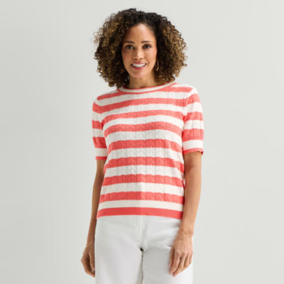 Liz Claiborne Womens Crew Neck Short Sleeve Striped Pullover Sweater