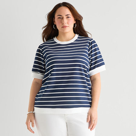 St. John's Bay Womens Plus Crew Neck Short Sleeve Blouse In Blue