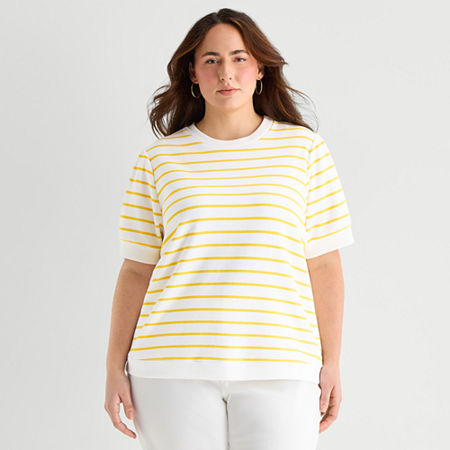 St. John's Bay Womens Plus Crew Neck Short Sleeve Blouse In Yellow
