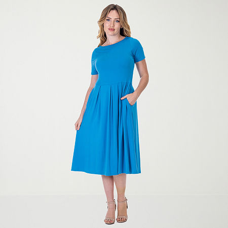 24seven Comfort Apparel Womens Midi Boat Neck Short Sleeve A-Line Dress