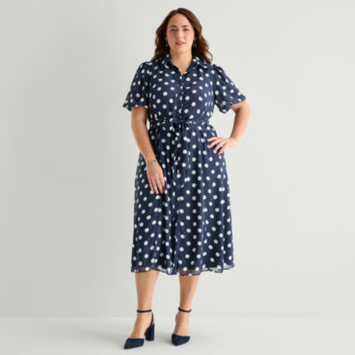 52seven Womens Plus Short Sleeve Midi Dots Shirt Dress