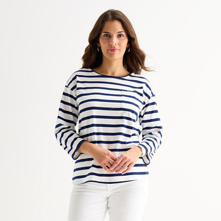 St. John's Bay Womens Tall Crew Neck 3/4 Sleeve Blouse In Blue